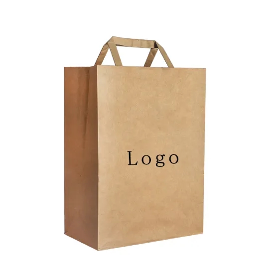 Customized Printed Logo Recycled Fast Food Lunch Packing Brown Kraft Take Away Paper Bag with Handle