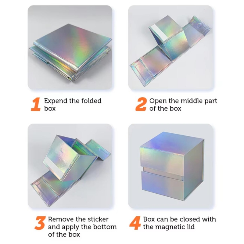 Square Folding Gift Box Laser Silver Collapsible Cardboard Box Packaging for Gift Wrapping Storage Box with Magnet And Double-sided Tape